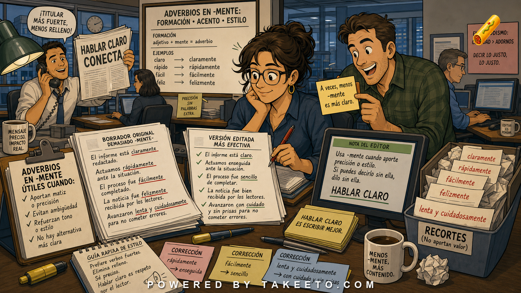 Comic Takeeto blog illustration for Adverbs Ending in -mente: Formation, Stress, and Style, covering morphology & style.