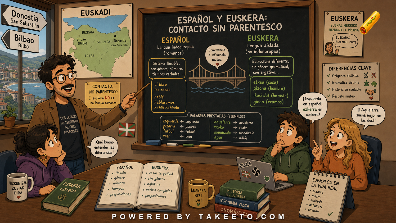 Comic Takeeto blog illustration for Spanish and Basque: Contact Without Genealogical Relation, covering contact linguistics.