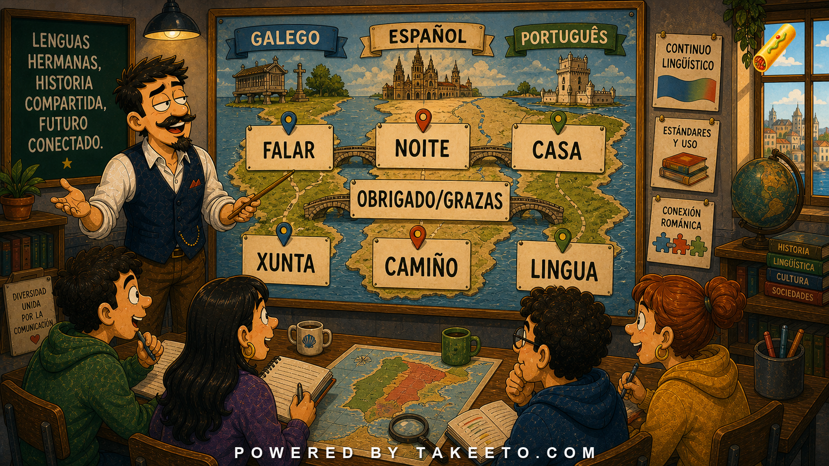 Comic Takeeto blog illustration for Spanish and Galician: Continuum, Standardization, and Portuguese Connection, covering iberian languages.