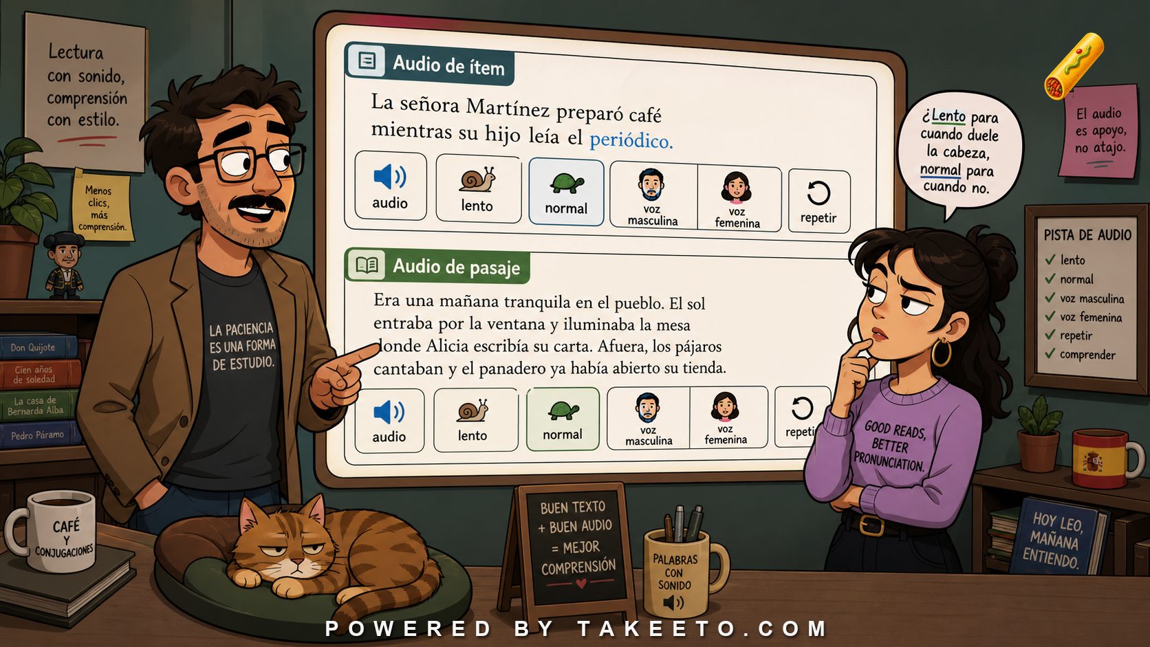Comic Takeeto blog illustration for Spanish Audio Buttons in Reading Interfaces, covering product pedagogy.