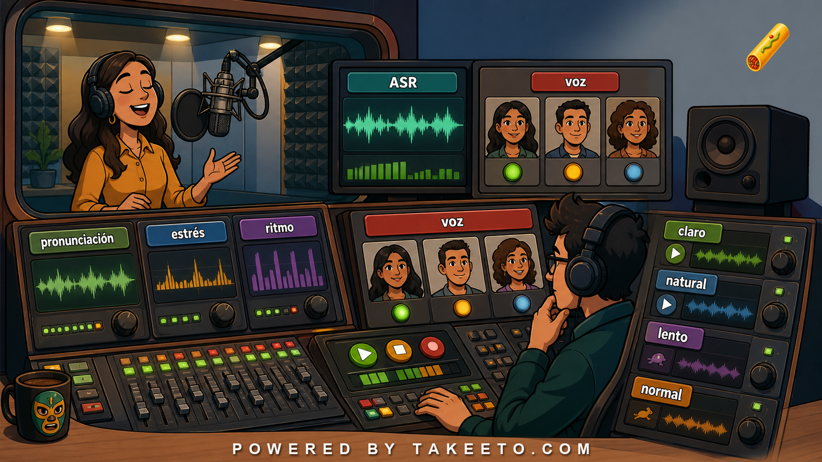 Comic Takeeto blog illustration for Spanish Audio Quality: Pronunciation, Voice Selection, and ASR Auditing, covering audio pedagogy & qa.