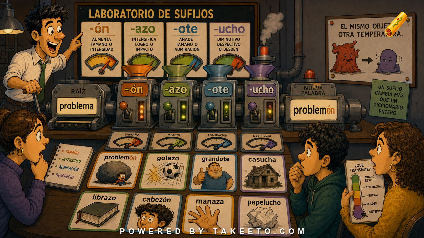 Comic Takeeto blog illustration for Augmentatives and Pejoratives: -ón, -azo, -ote, -ucho, covering morphology & pragmatics.
