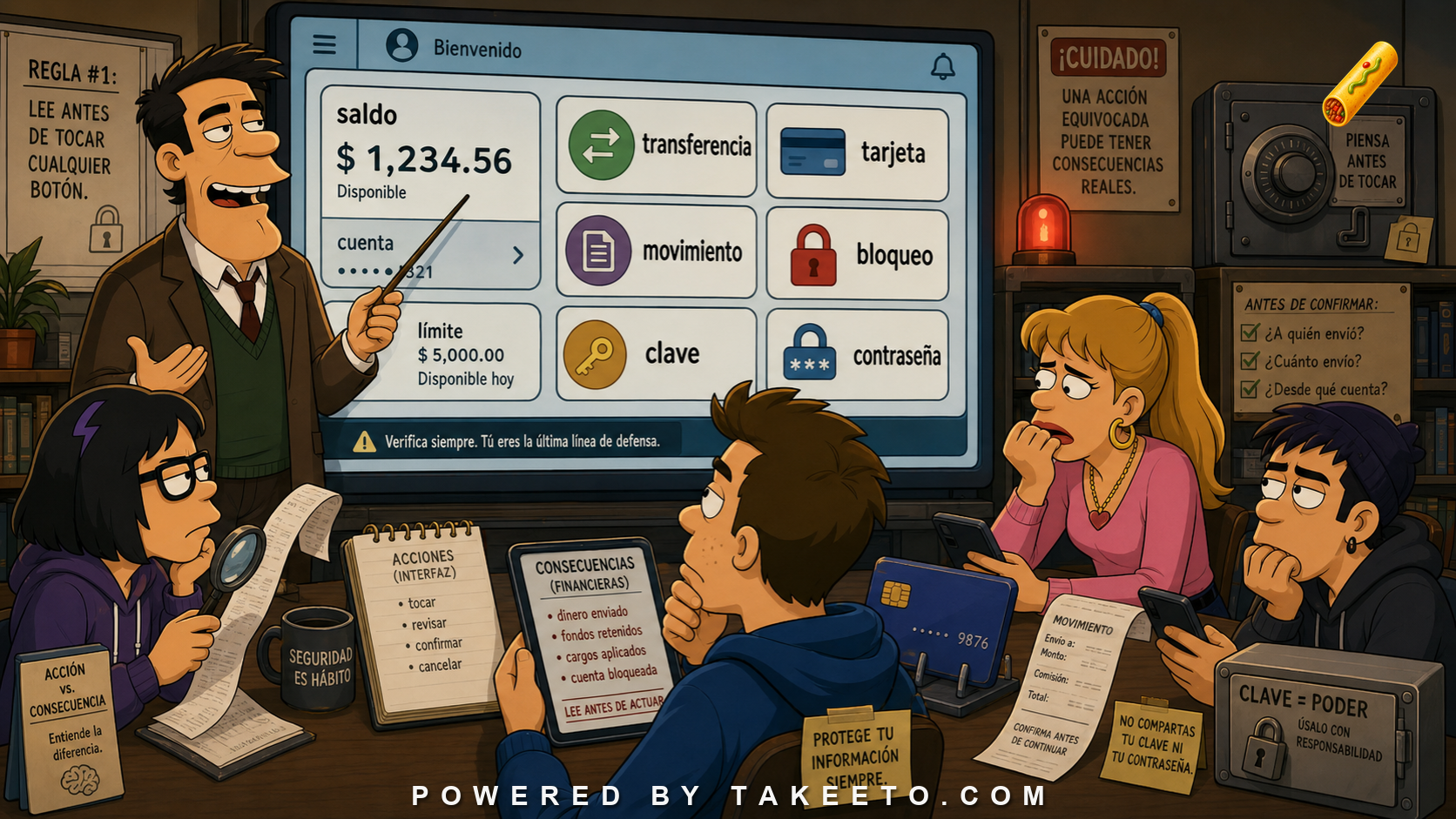 Comic Takeeto blog illustration for Spanish Banking Apps: Interface, Security, and Transaction Language, covering finance/technology language.