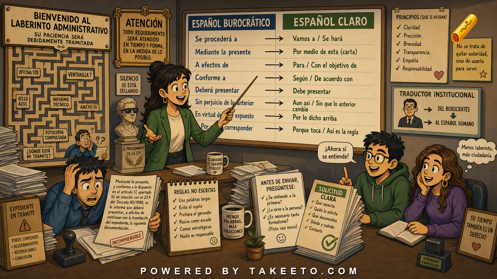 Comic Takeeto blog illustration for Spanish Bureaucratic Style: Clarity, Authority, and Obscurity, covering administrative discourse.