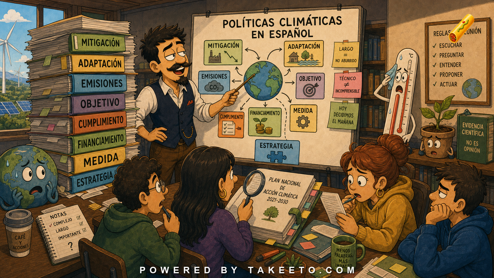 Comic Takeeto blog illustration for Spanish Climate Policy Documents, covering policy/domain language.