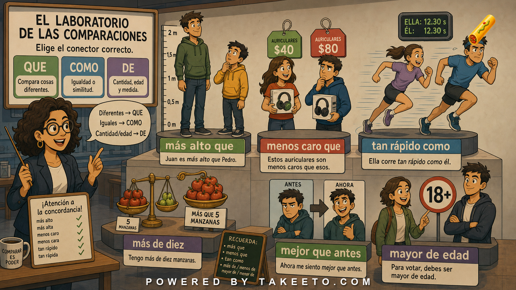 Comic Takeeto blog illustration for Comparatives: Más Que, Menos Que, Tan Como, and De After Numbers, covering grammar.