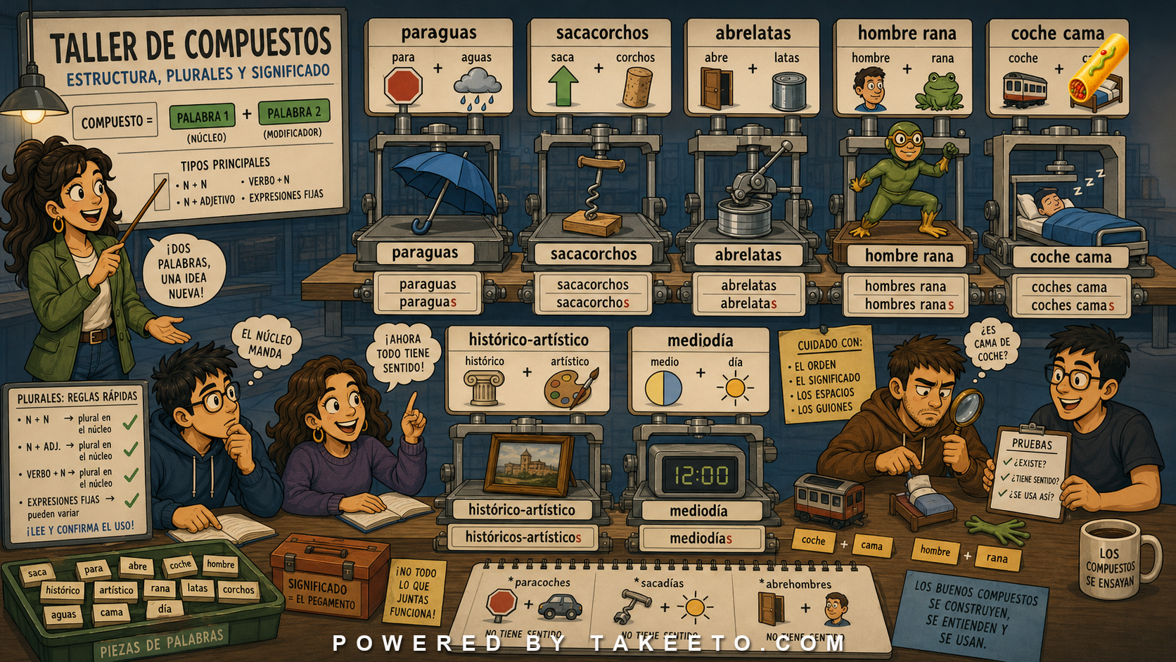 Comic Takeeto blog illustration for Spanish Compounds: Structure, Plurals, and Meaning, covering morphology.