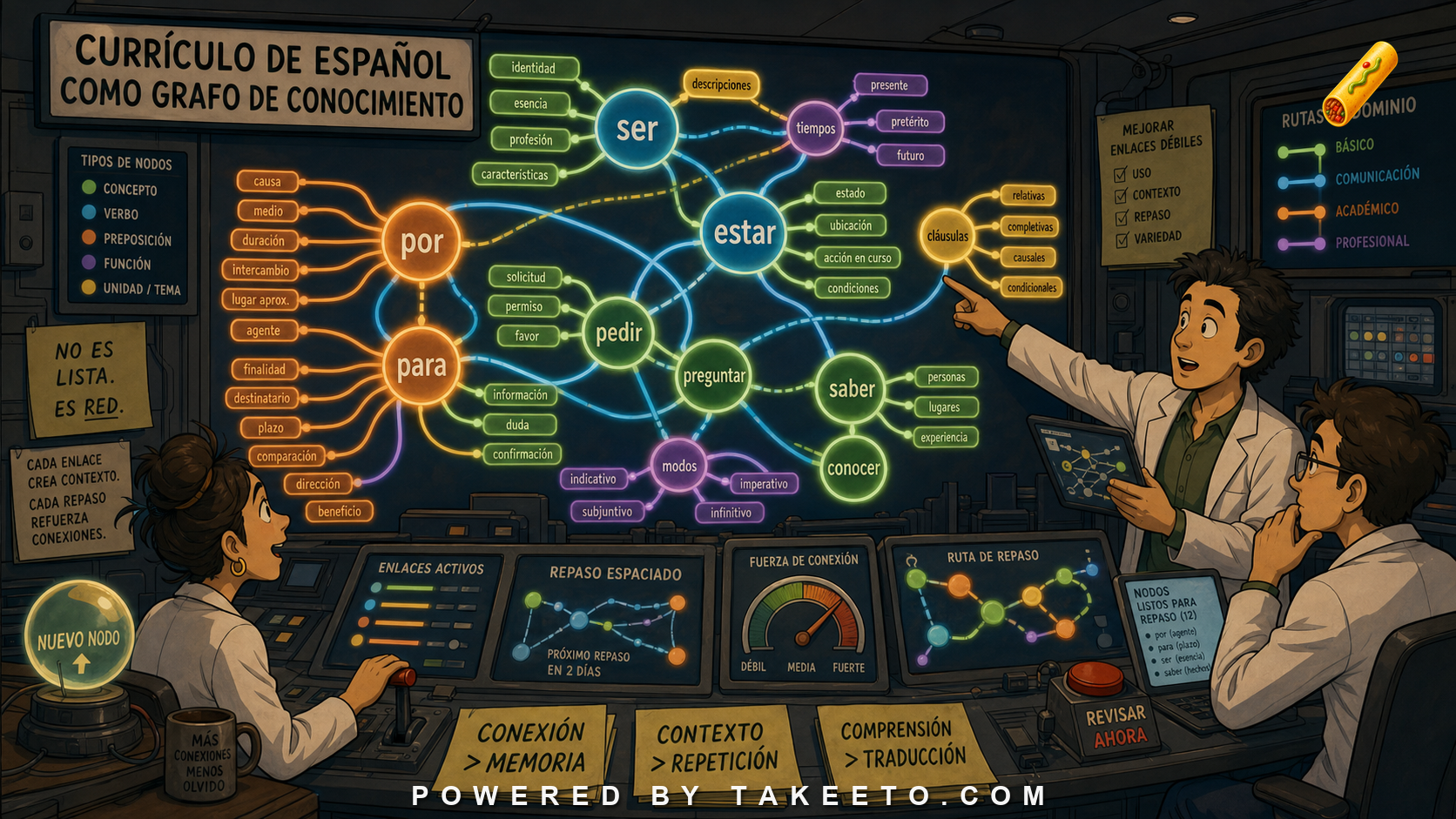 Comic Takeeto blog illustration for Spanish Curriculum as a Knowledge Graph, covering curriculum architecture.