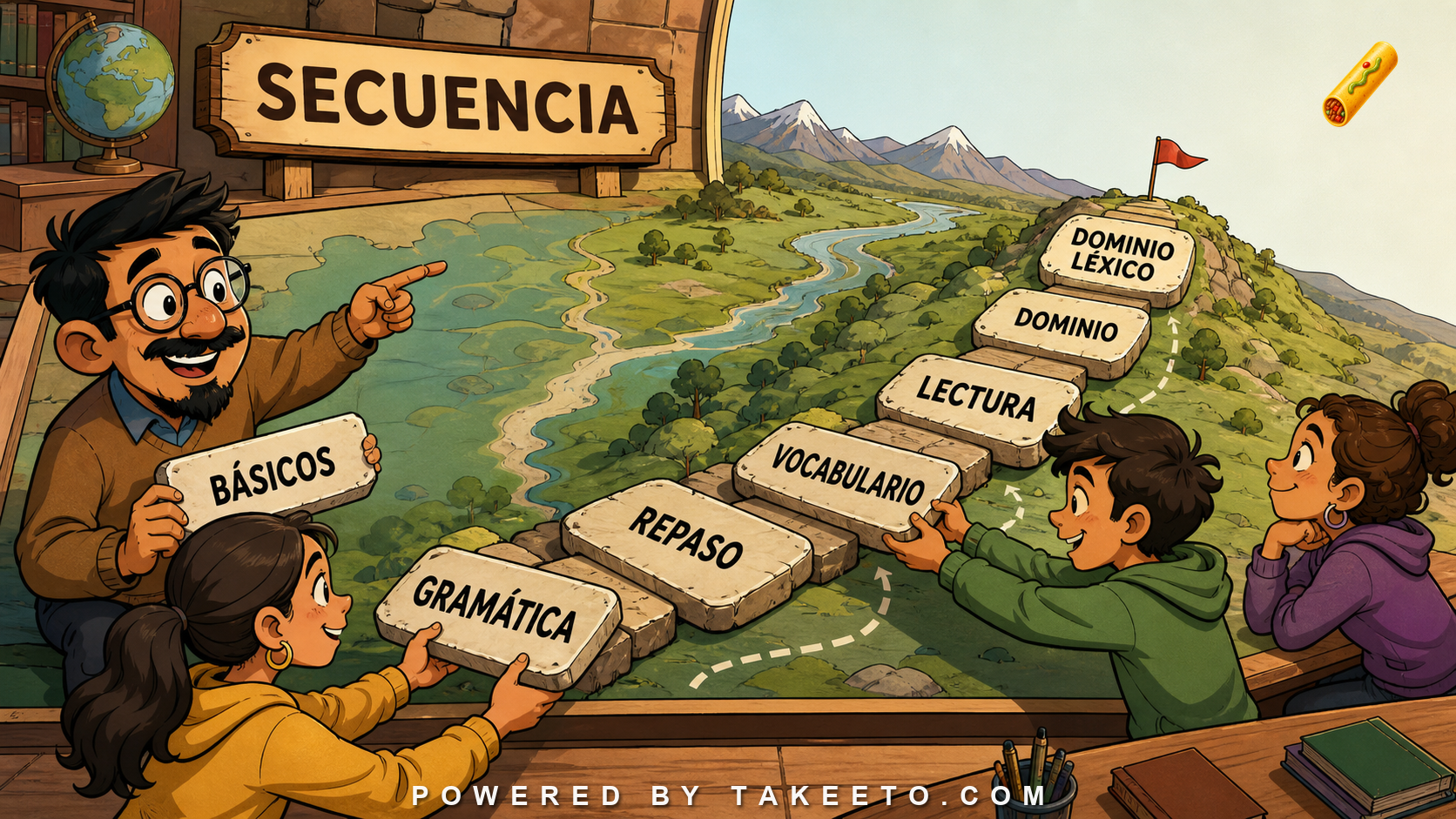 Comic Takeeto curriculum-map illustration showing dependency, sequence, basics, grammar, review, vocabulary, reading, and domain literacy.