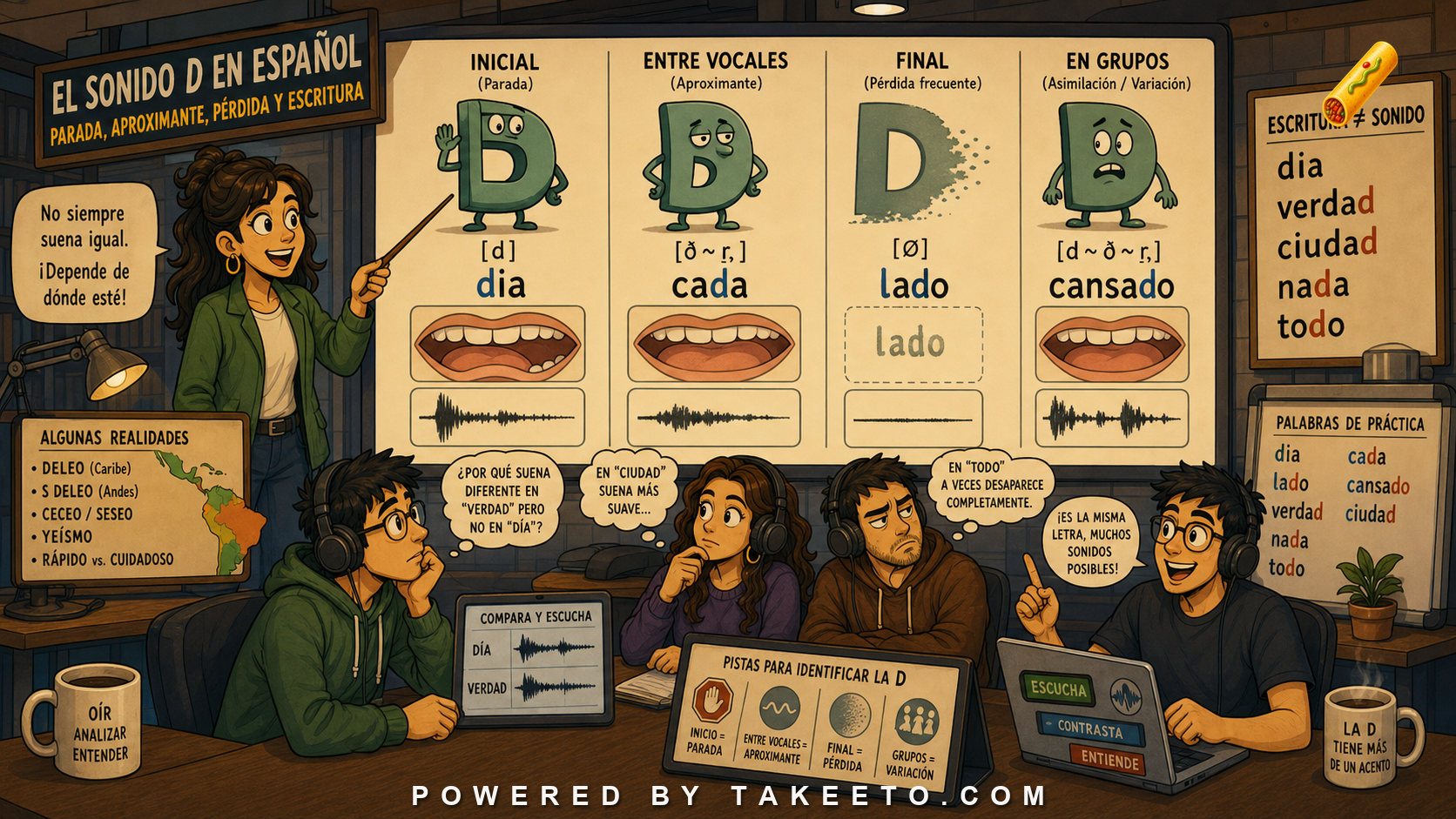 Comic Takeeto blog illustration for The Spanish D Sound: Stop, Approximant, Loss, and Spelling, covering phonetics & dialectology.