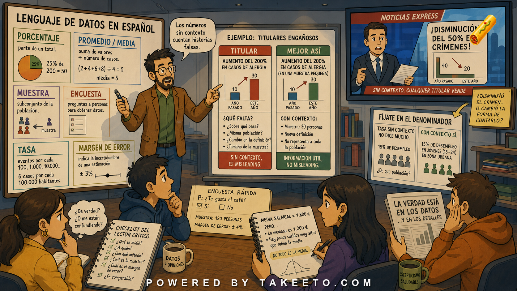 Comic Takeeto blog illustration for Spanish Data and Statistics Language, covering domain language.
