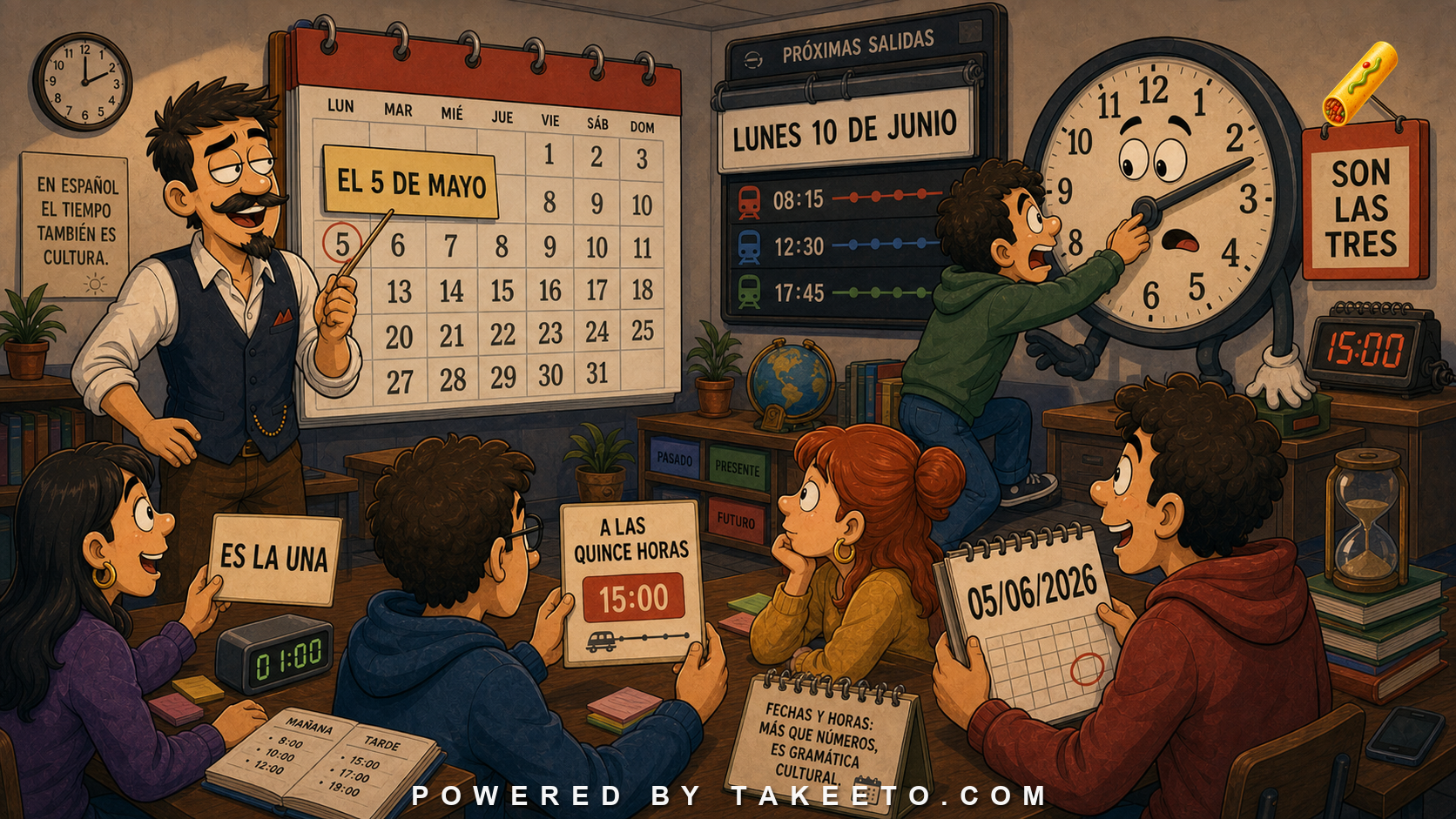 Comic Takeeto blog illustration for Dates and Time: Spanish Temporal Formatting as Cultural Grammar, covering time & discourse.