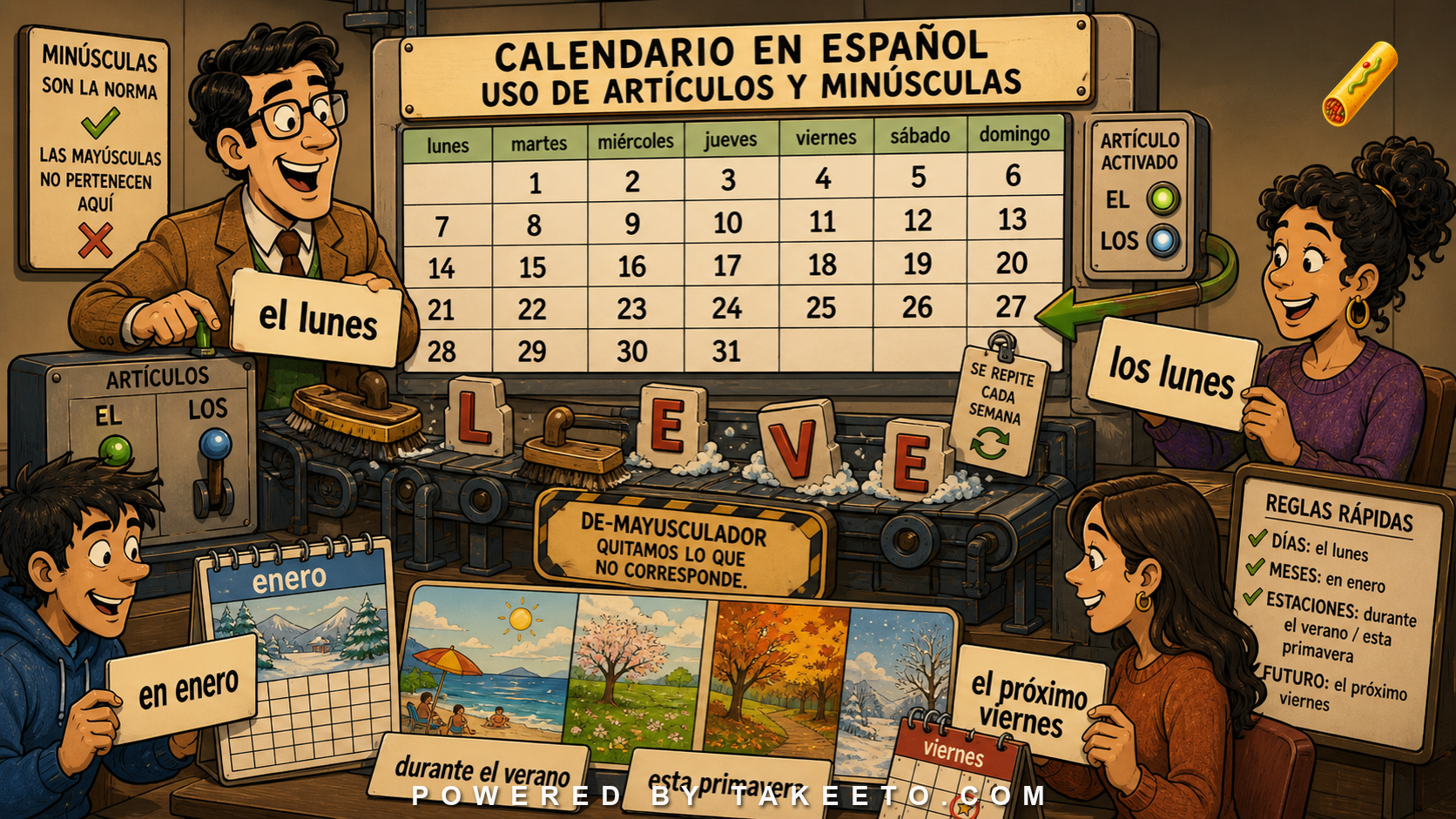 Comic Takeeto blog illustration for Days, Months, Seasons: Article Use and Lowercase Norms, covering grammar & orthography.