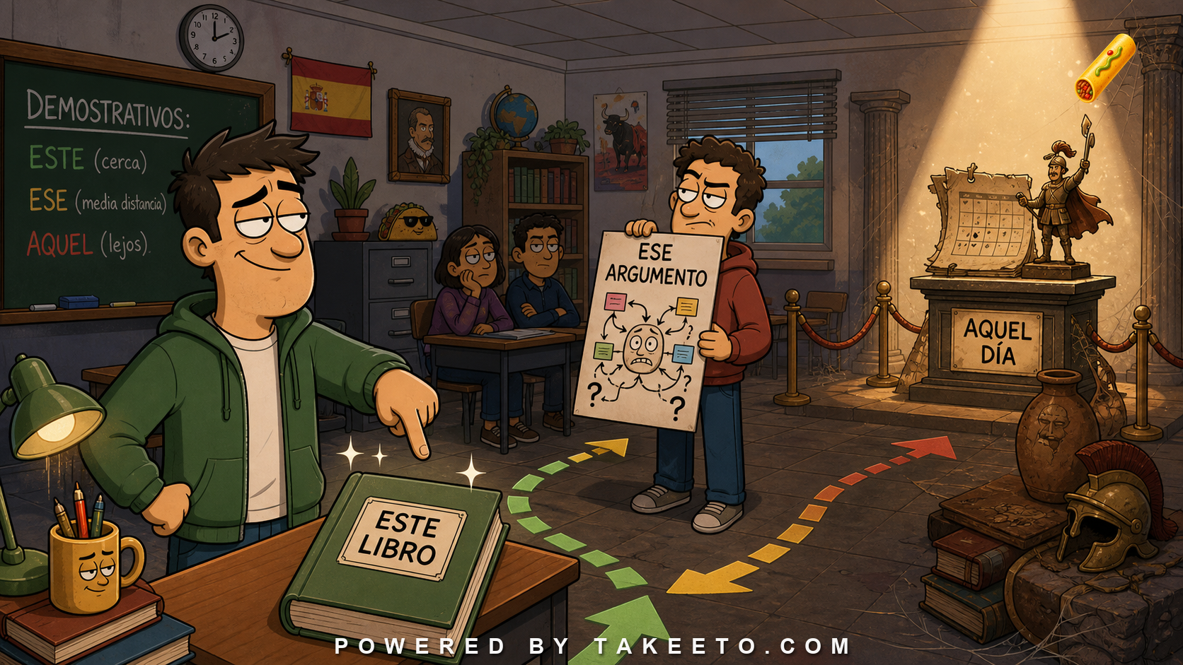 Comic Takeeto classroom illustration showing este nearby, ese at middle distance, and aquel far away.