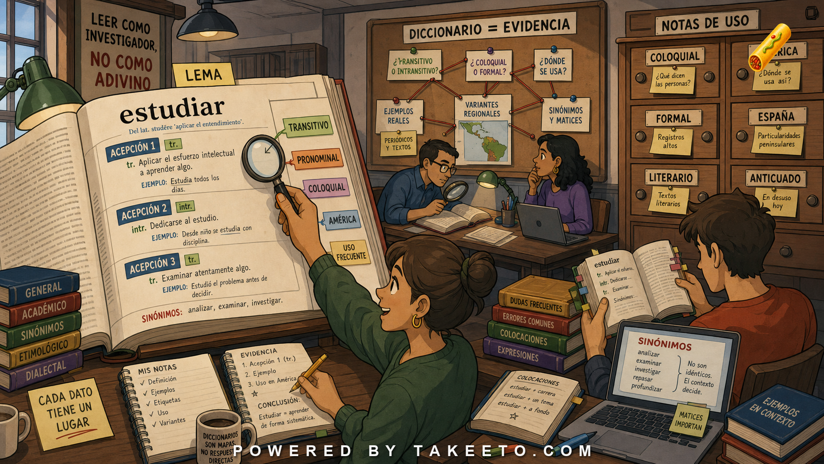 Comic Takeeto blog illustration for Spanish Dictionaries: Entries, Labels, Examples, and Usage Notes, covering reference literacy.