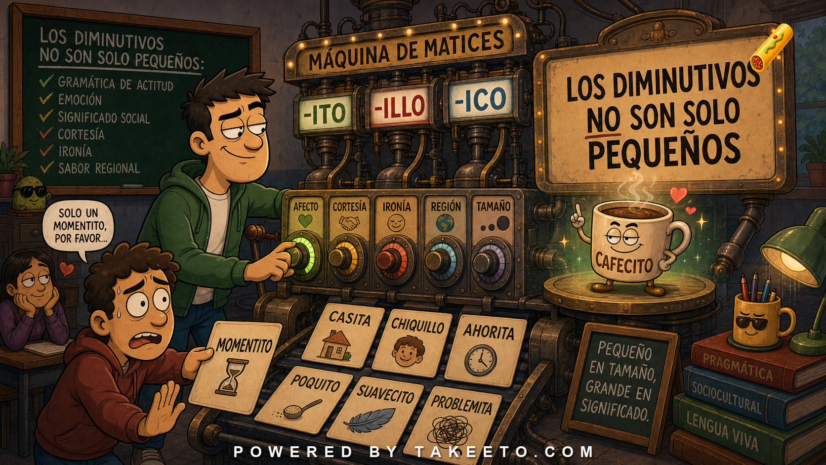 Comic Takeeto classroom illustration showing Spanish diminutive suffixes as stance and emotion controls.