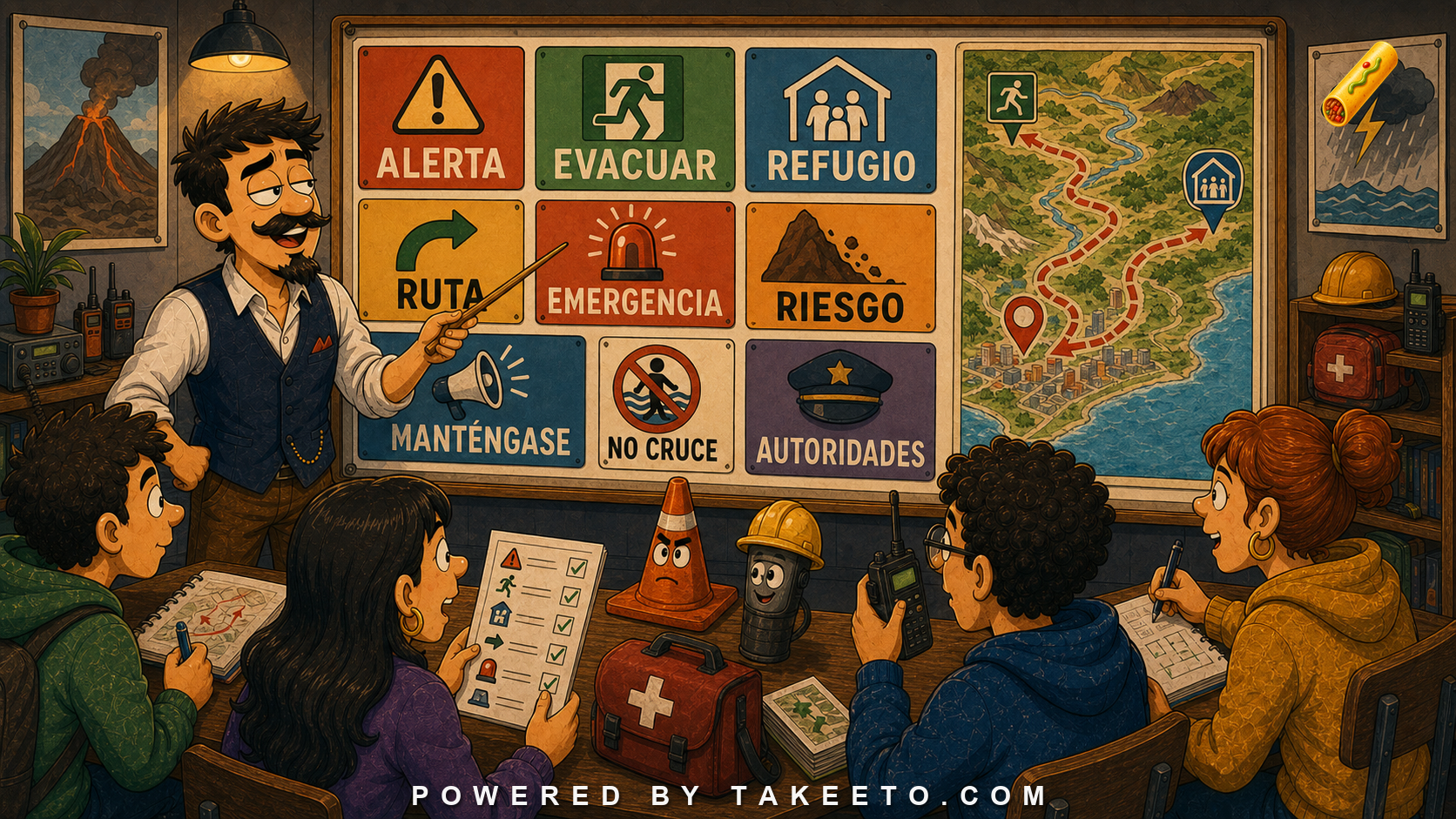 Comic Takeeto blog illustration for Spanish Disaster and Emergency Alerts, covering public safety language.