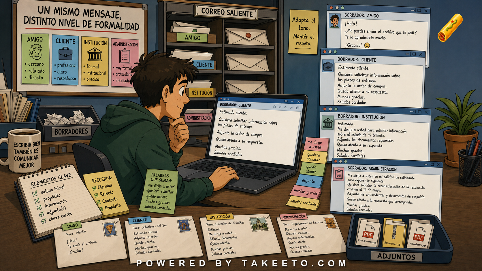 Comic Takeeto blog illustration for Spanish Email Register: From Hola to Estimado/a, covering written pragmatics.