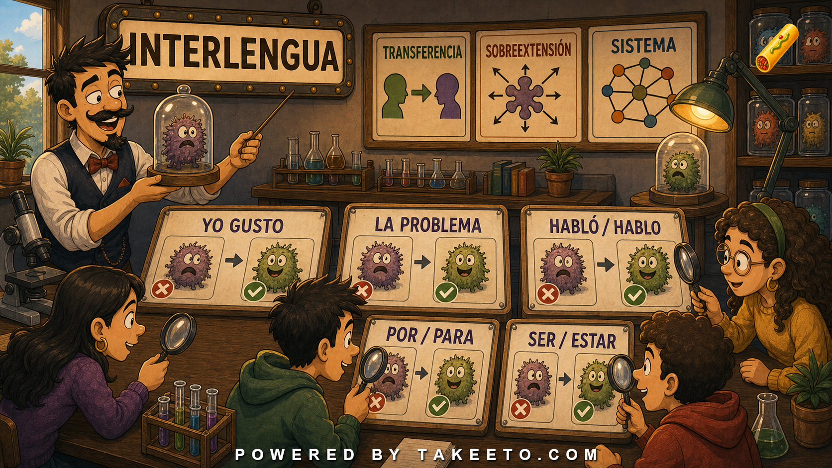 Comic Takeeto grammar-detective illustration showing interlanguage, transfer, system, overextension, and Spanish learner error cards.