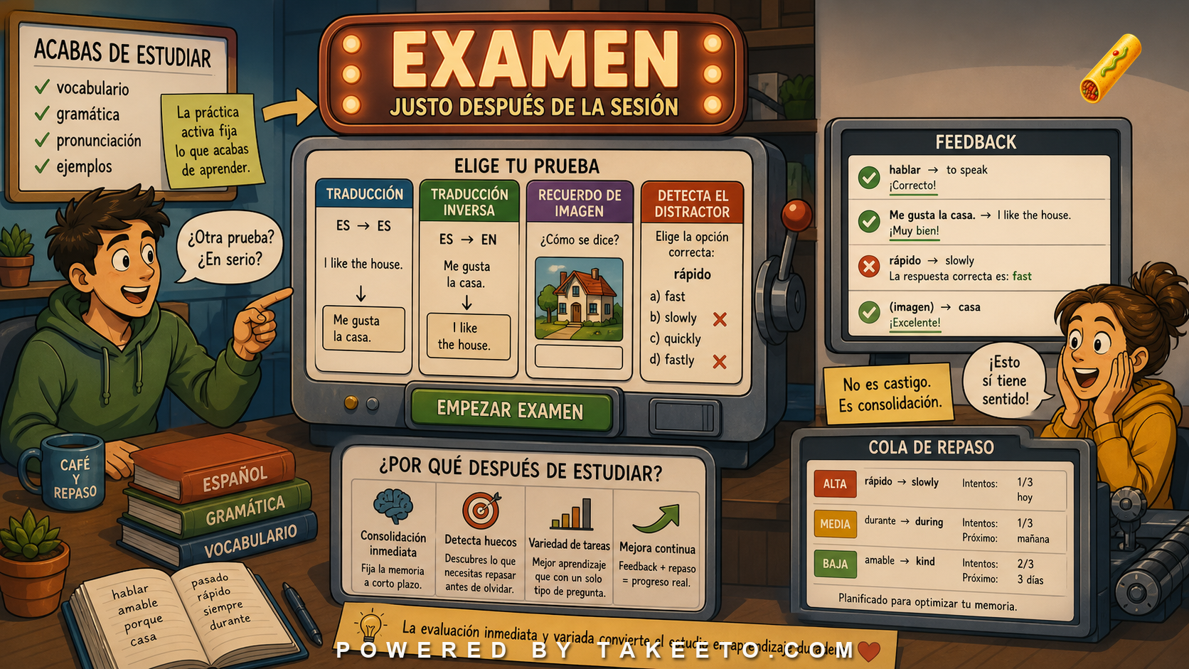 Comic Takeeto blog illustration for Spanish Exams After Study Sessions: Why Assessment Should Be Immediate and Varied, covering assessment design.