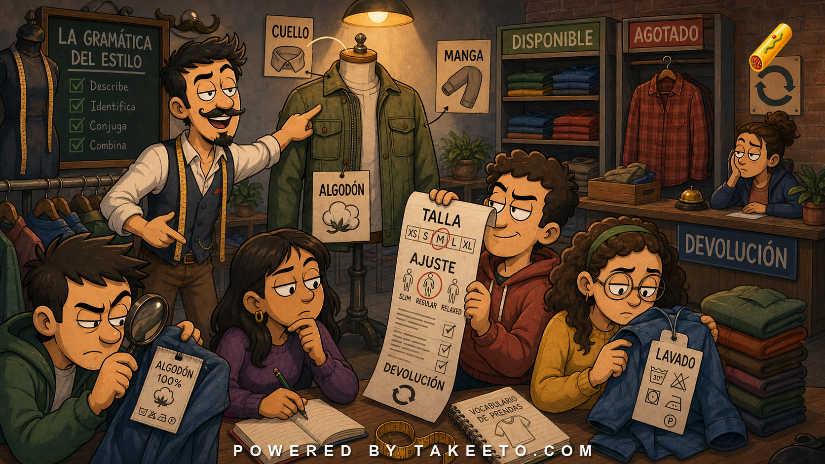 Comic Takeeto boutique classroom illustration about Spanish clothing descriptions, sizes, fabrics, care, and returns.