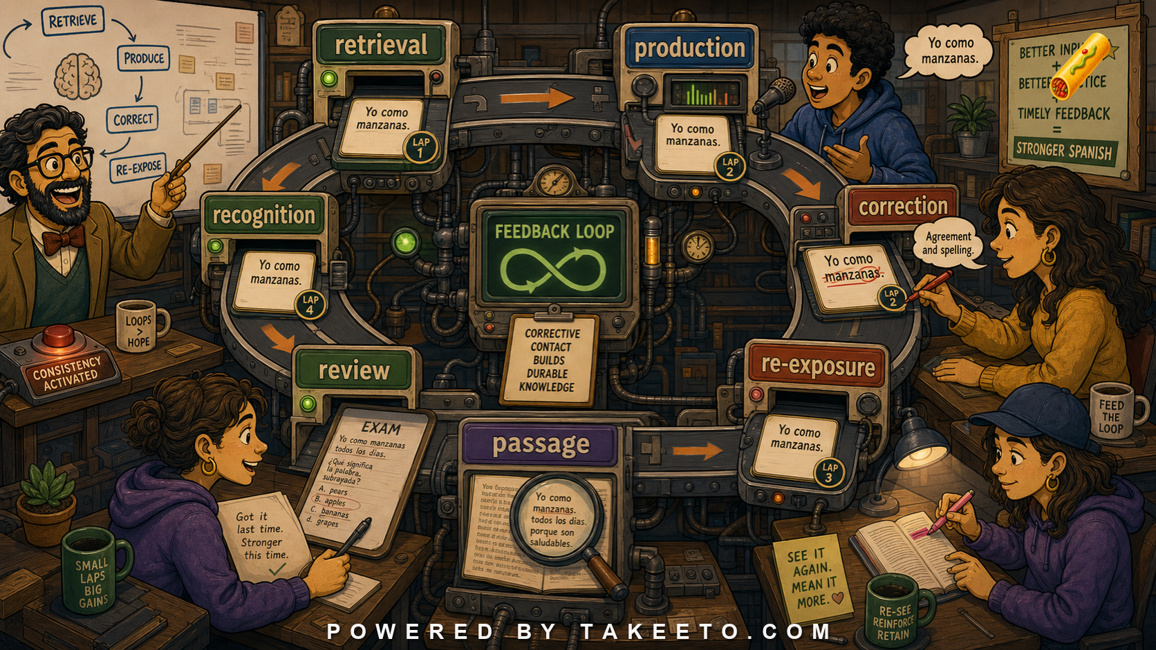 Comic Takeeto blog illustration for Spanish Feedback Loops: Retrieval, Production, Correction, Re-Exposure, covering learning science.