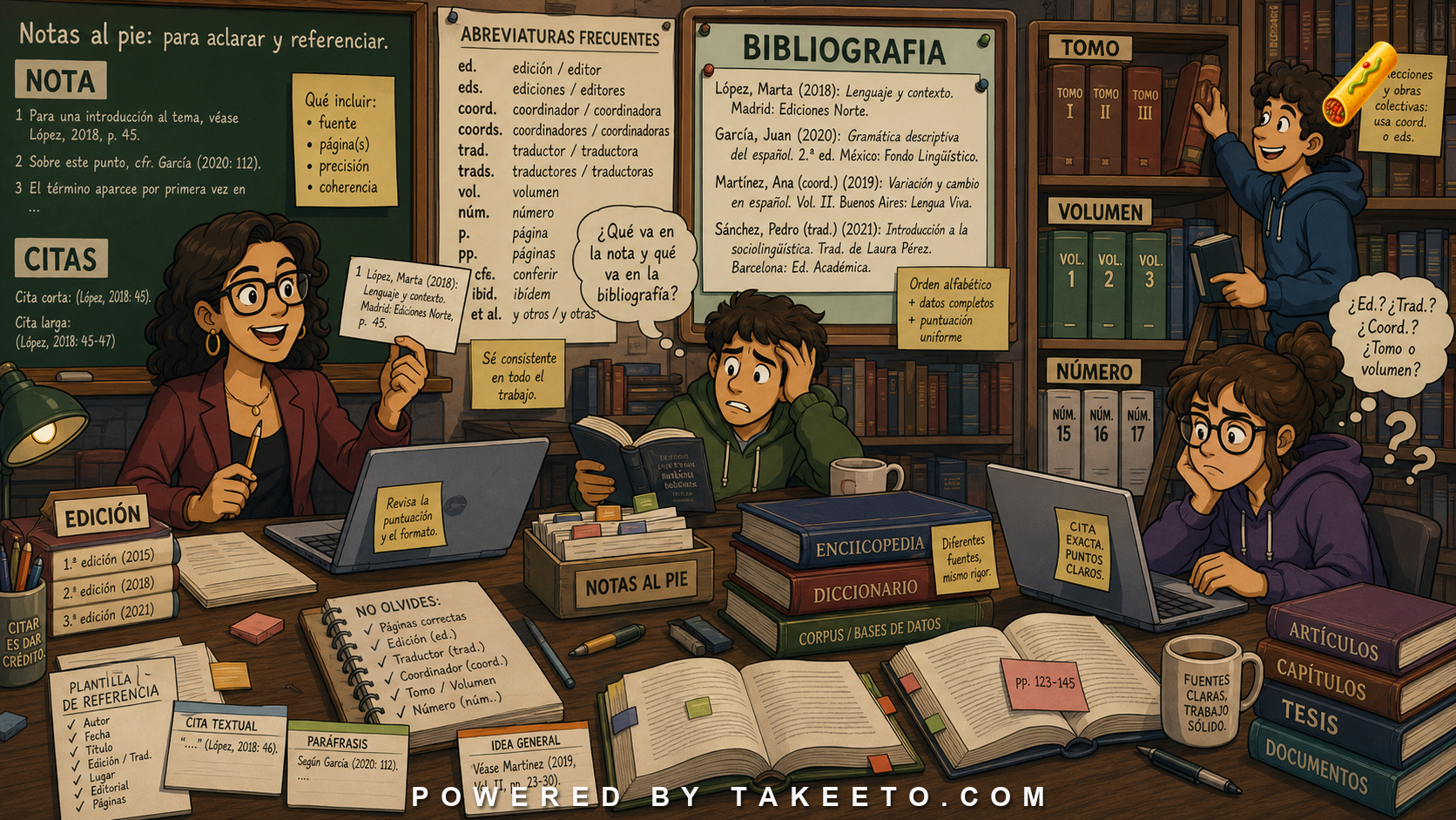 Comic Takeeto blog illustration for Spanish Footnotes, Citations, and Bibliographies, covering academic style.