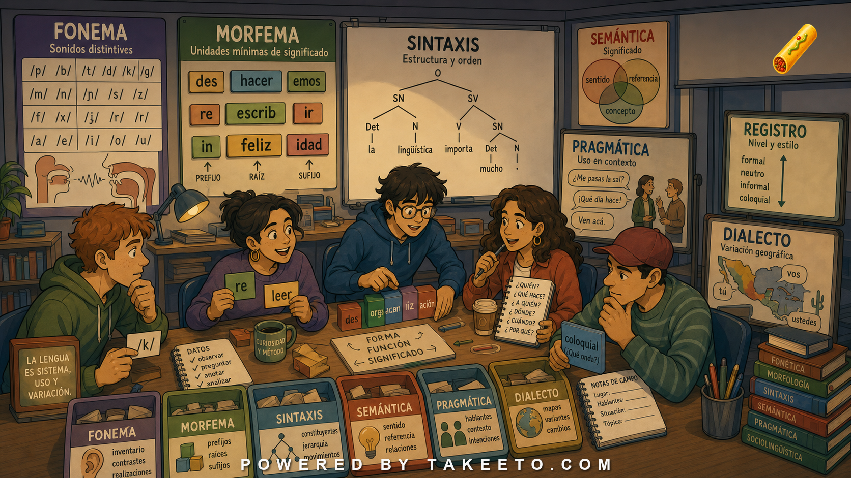Comic Takeeto blog illustration for Spanish for Linguistics Students: Minimal Toolkit, covering linguistics method.
