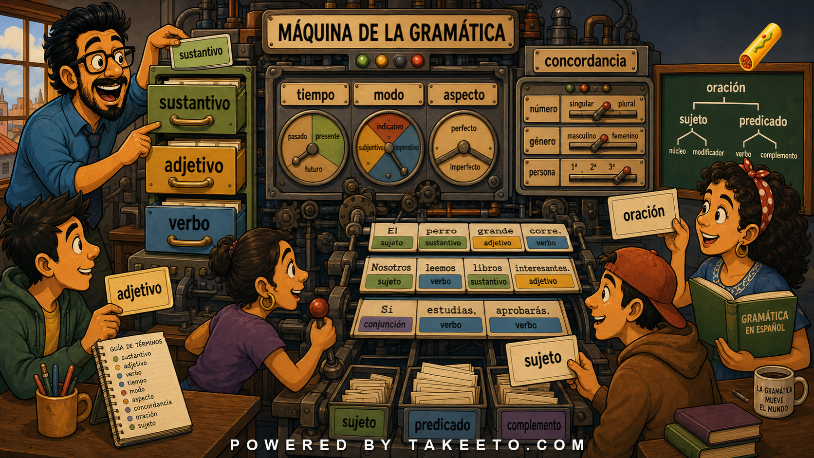Comic Takeeto blog illustration for Spanish Grammar Terminology in Spanish, covering metalinguistic literacy.