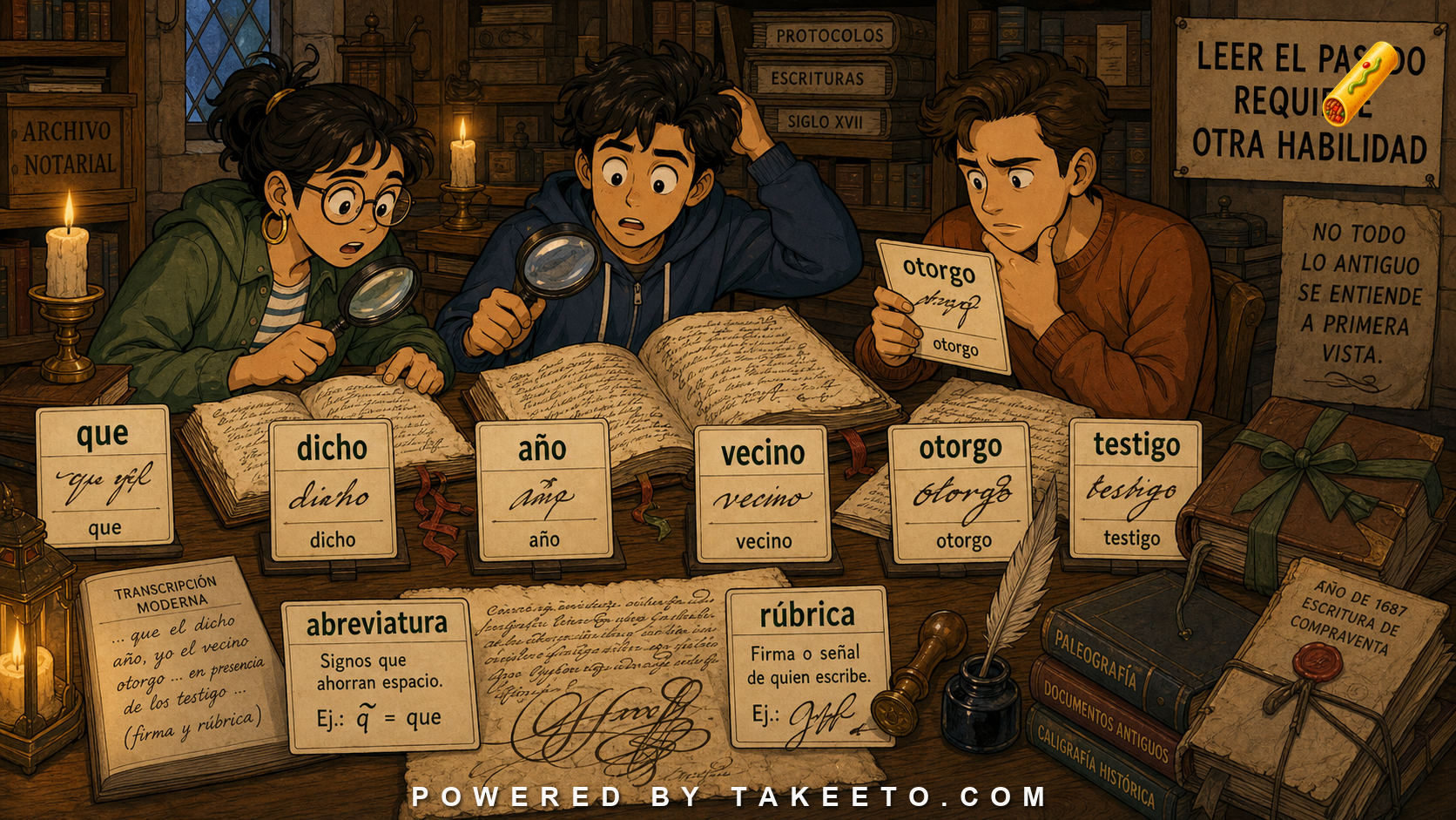 Comic Takeeto blog illustration for Spanish Handwriting and Paleography for Learners, covering historical literacy.