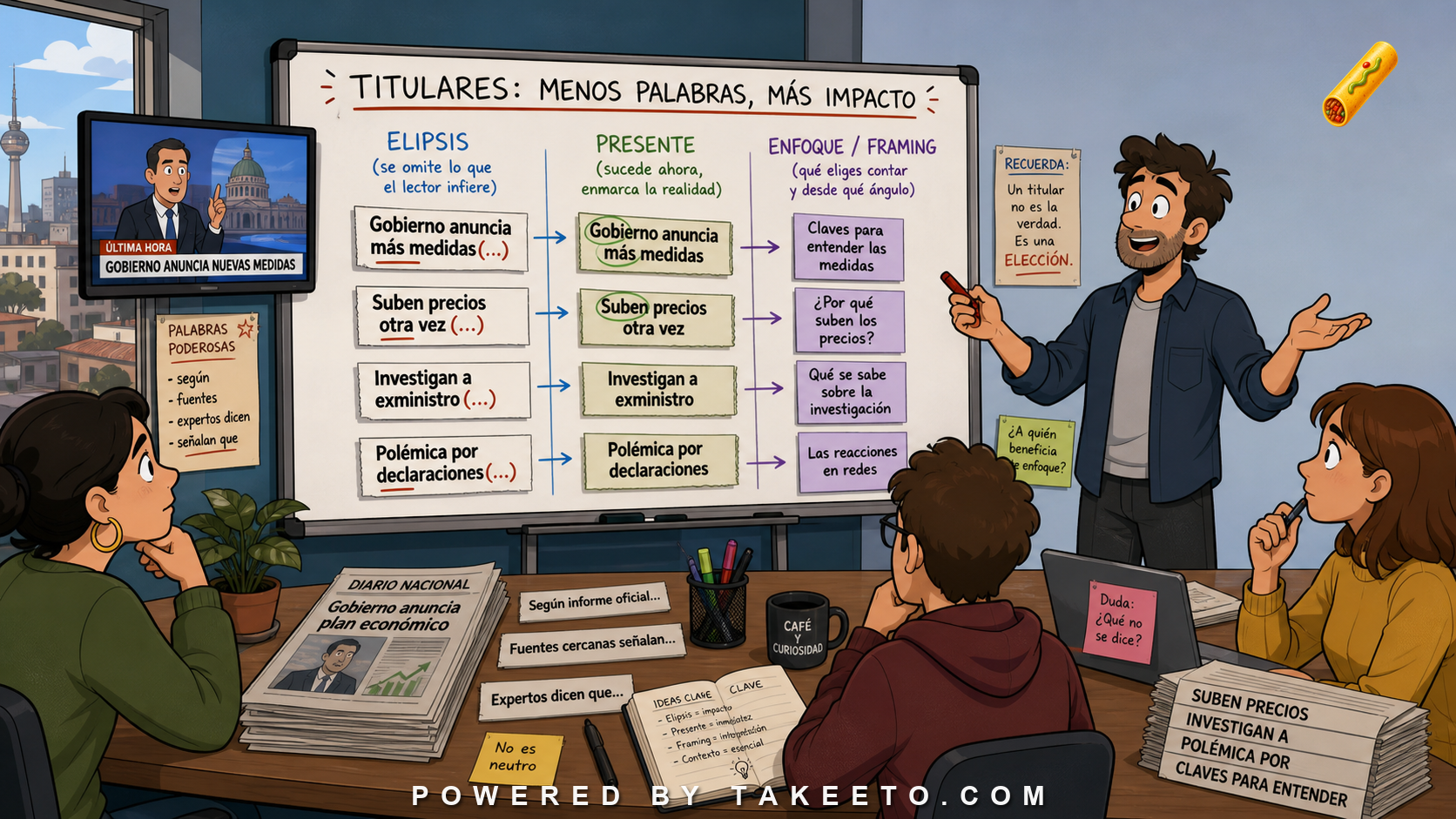 Comic Takeeto blog illustration for Spanish Headlines: Ellipsis, Present Tense, and Framing, covering media literacy.