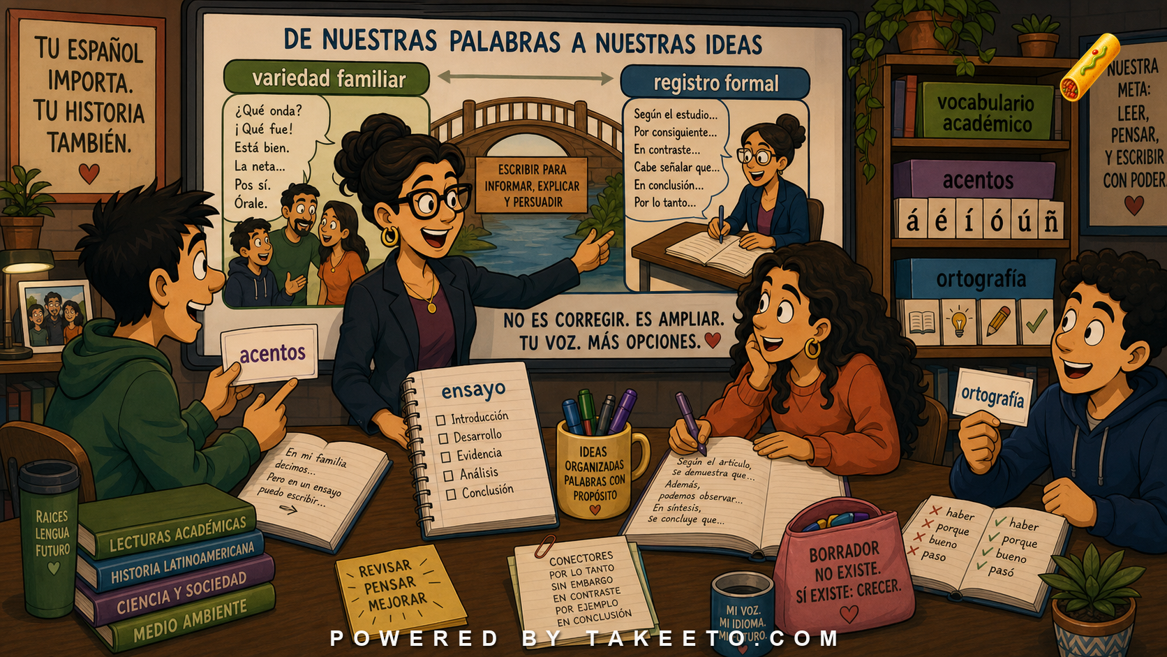 Comic Takeeto blog illustration for Spanish for Heritage Learners: Building Academic Register, covering heritage pedagogy.
