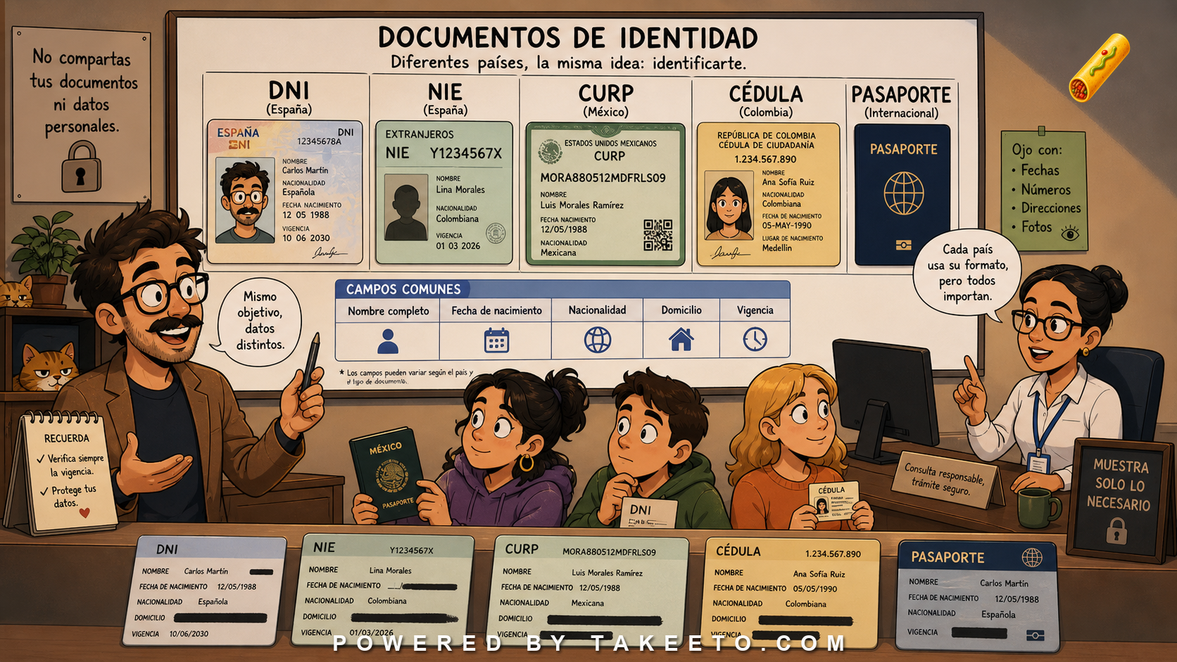 Comic Takeeto blog illustration for Spanish Identity Documents: DNI, NIE, CURP, Pasaporte, Cédula, covering administrative domain.