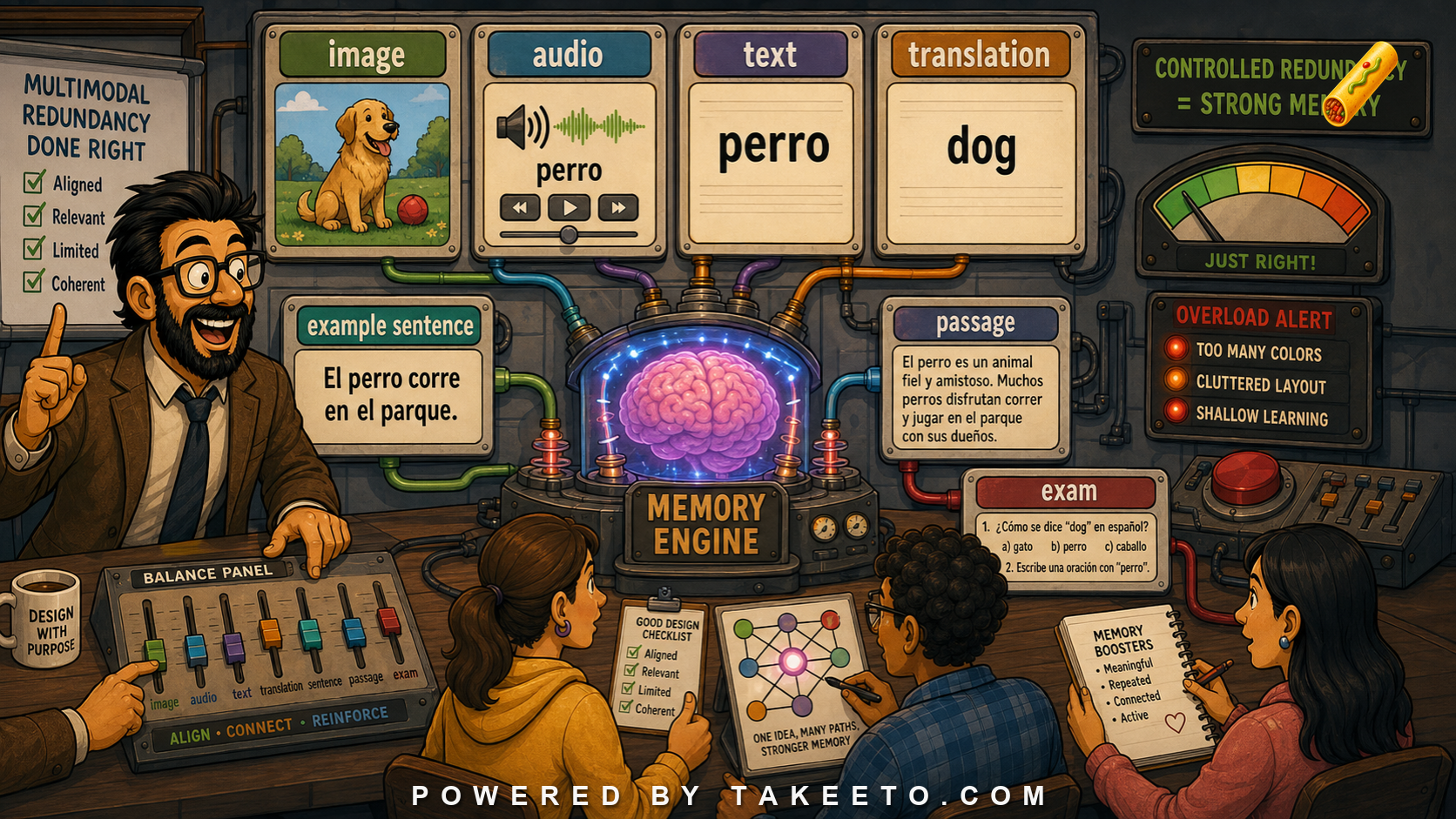 Comic Takeeto blog illustration for Spanish Images, Audio, Text, and Translation: Multimodal Redundancy, covering cognitive design.