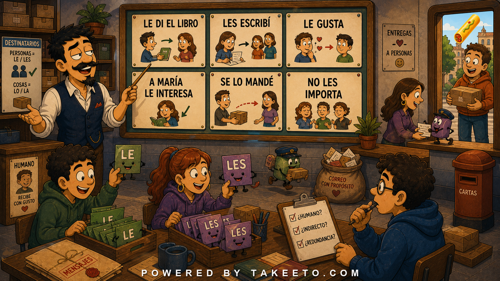 Comic Takeeto blog illustration for Indirect Object Pronouns: Le, Les, Redundancy, and Human Participants, covering pronouns.