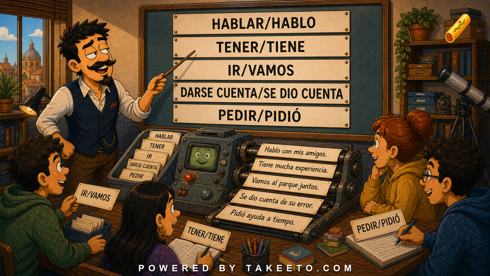 Comic Takeeto blog illustration for Spanish Infinitive Items Used in Conjugated Passage Forms, covering curriculum design.