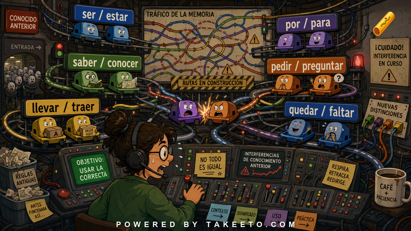Comic Takeeto blog illustration for Spanish Interference: When Earlier Knowledge Hurts Later Learning, covering learning science.