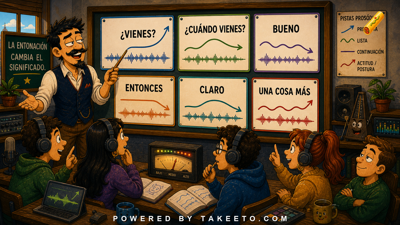 Comic Takeeto blog illustration for Spanish Intonation: Questions, Lists, Continuation, and Stance, covering prosody.