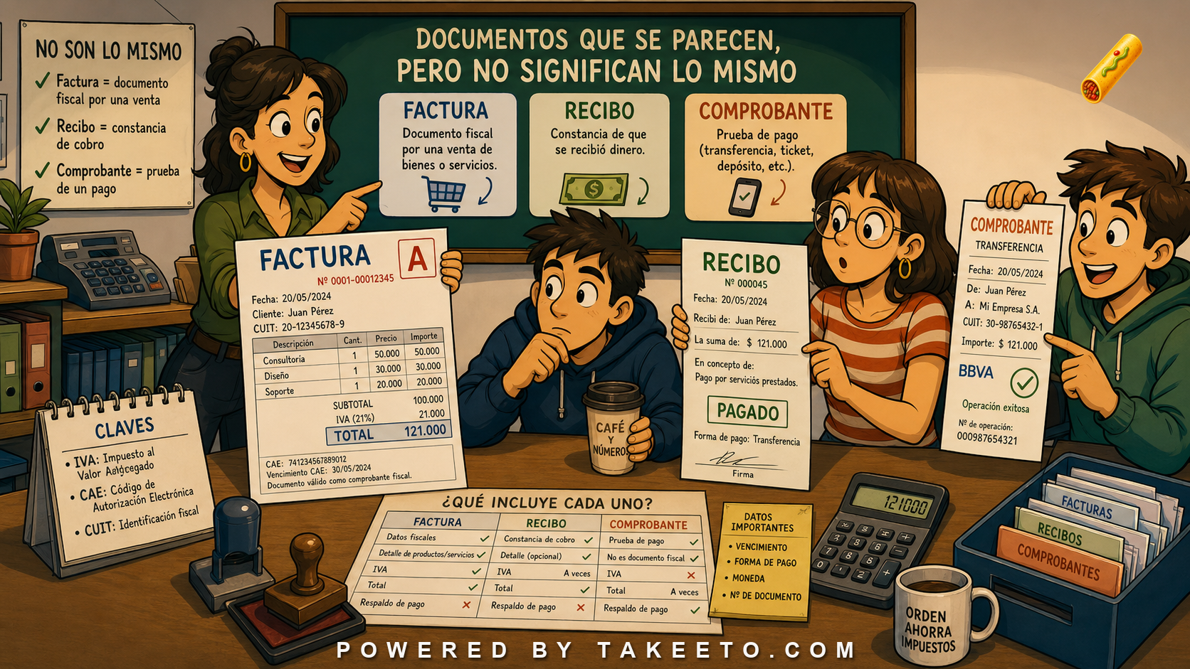 Comic Takeeto blog illustration for Spanish Invoices and Receipts: Factura, Recibo, Comprobante, covering finance/domain language.