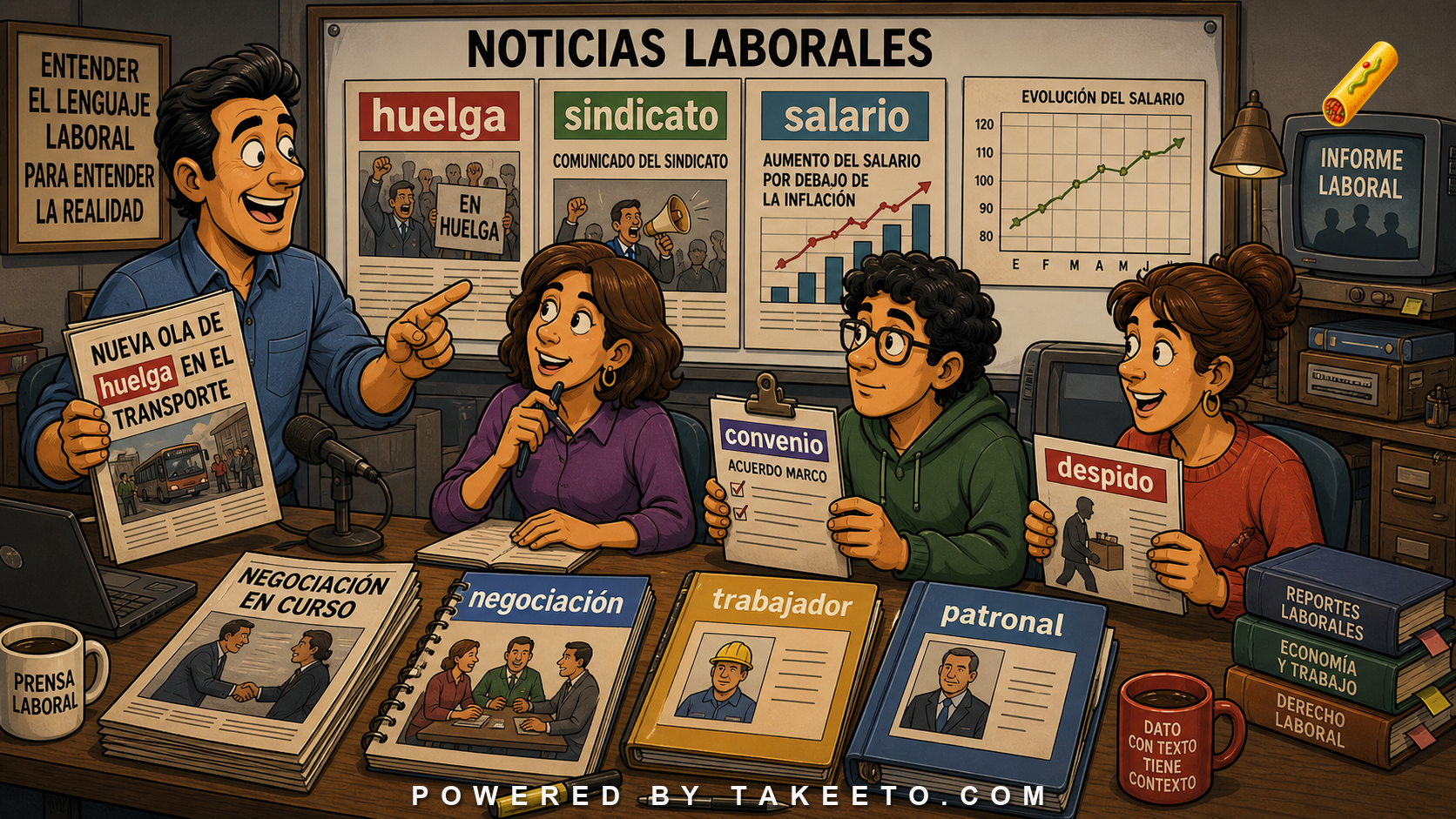 Comic Takeeto blog illustration for Spanish Labor News: Strikes, Wages, Unions, and Negotiation, covering public/domain language.