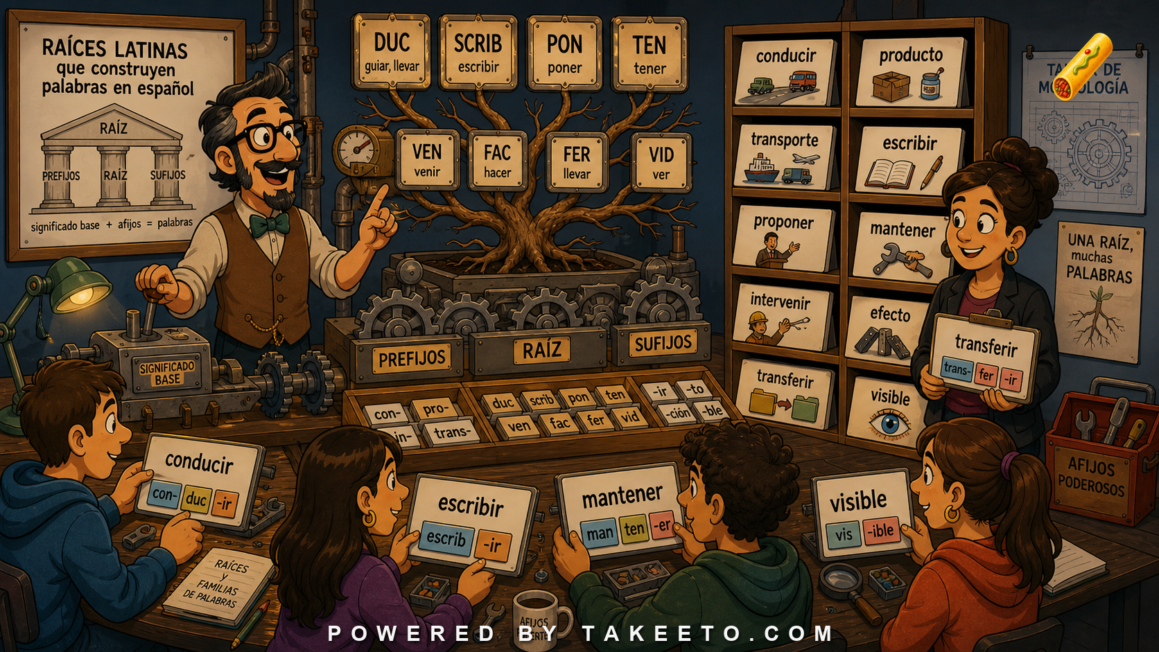 Comic Takeeto blog illustration for Word Families Around Latin Roots: Ten Roots That Unlock Academic Spanish, covering morphology & vocabulary.