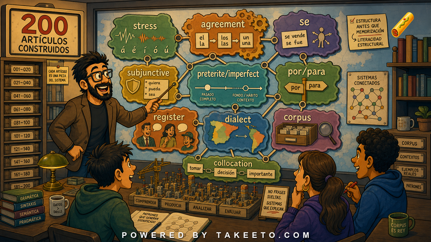 Comic Takeeto blog illustration for Spanish Learning as Structural Literacy: What the First 200 Articles Have Built, covering pedagogy & synthesis.