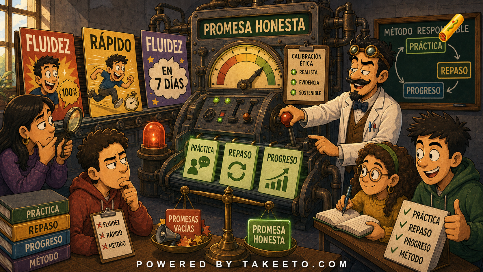 Comic Takeeto marketing-lab illustration contrasting Spanish-learning promises like fluidez and rápido with honest practice, review, and progress.