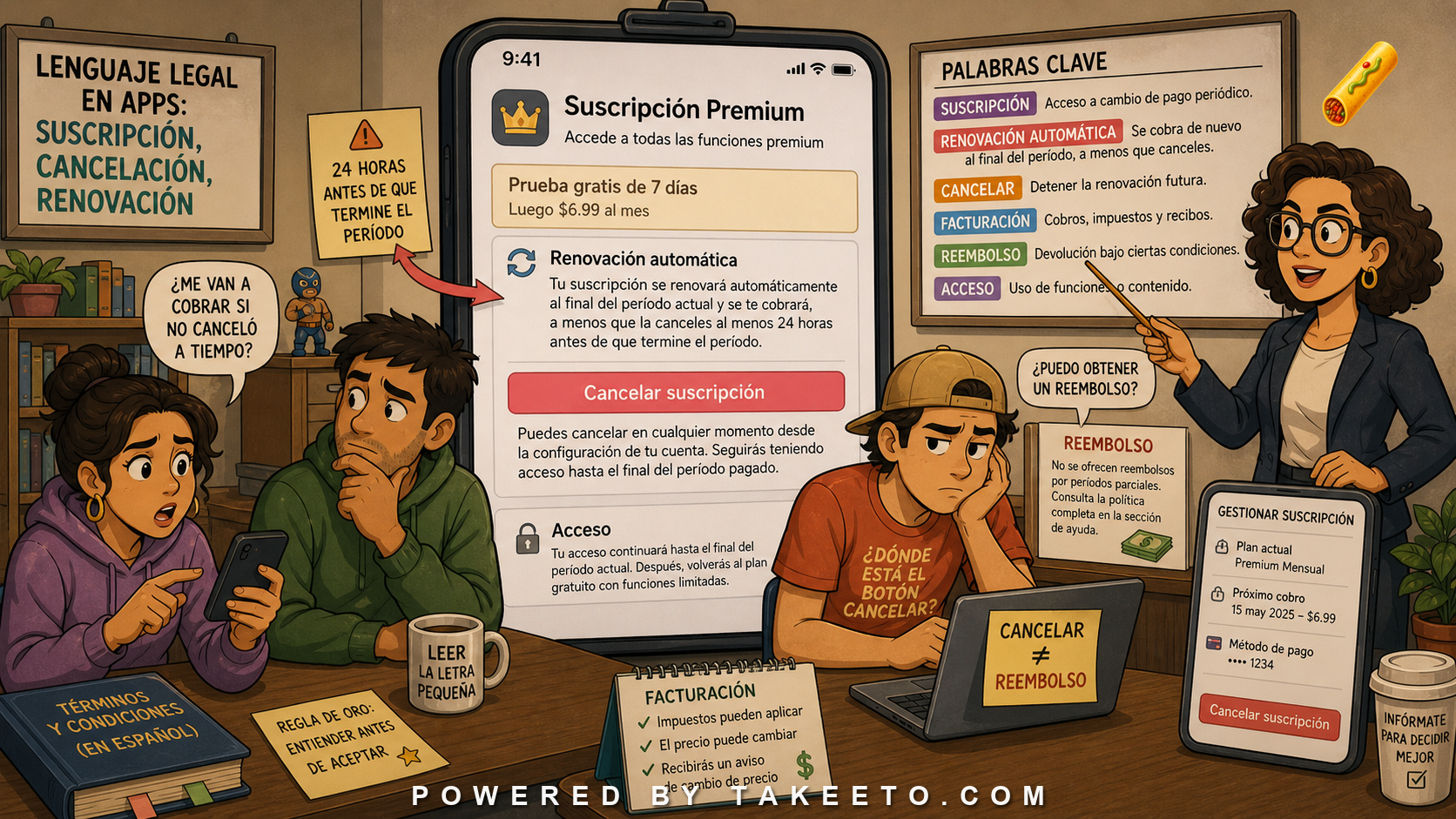 Comic Takeeto blog illustration for Spanish Legal Notices in Apps: Subscription, Cancellation, Renewal, covering app commerce language.