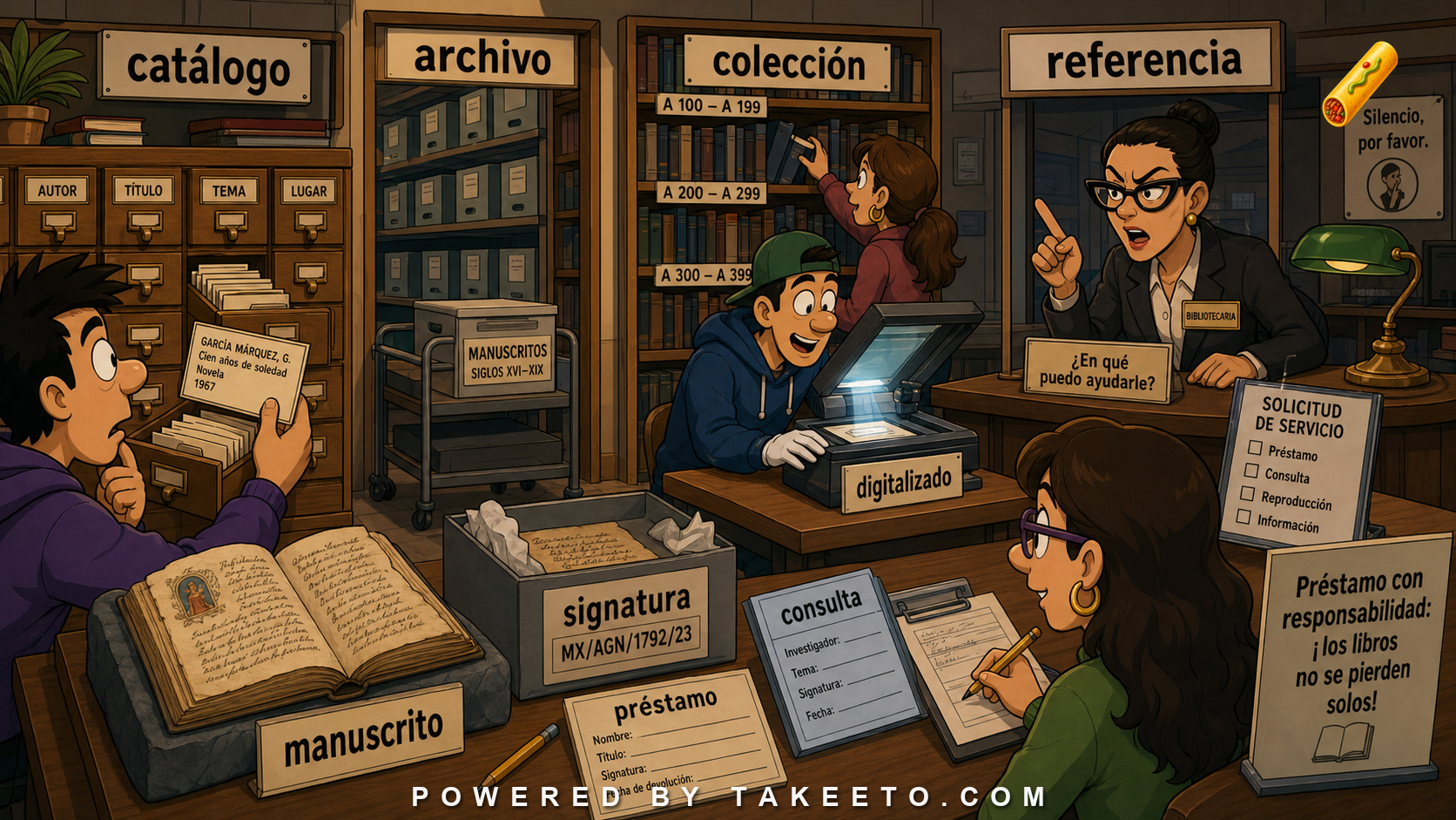 Comic Takeeto blog illustration for Spanish for Libraries and Archives, covering domain language.