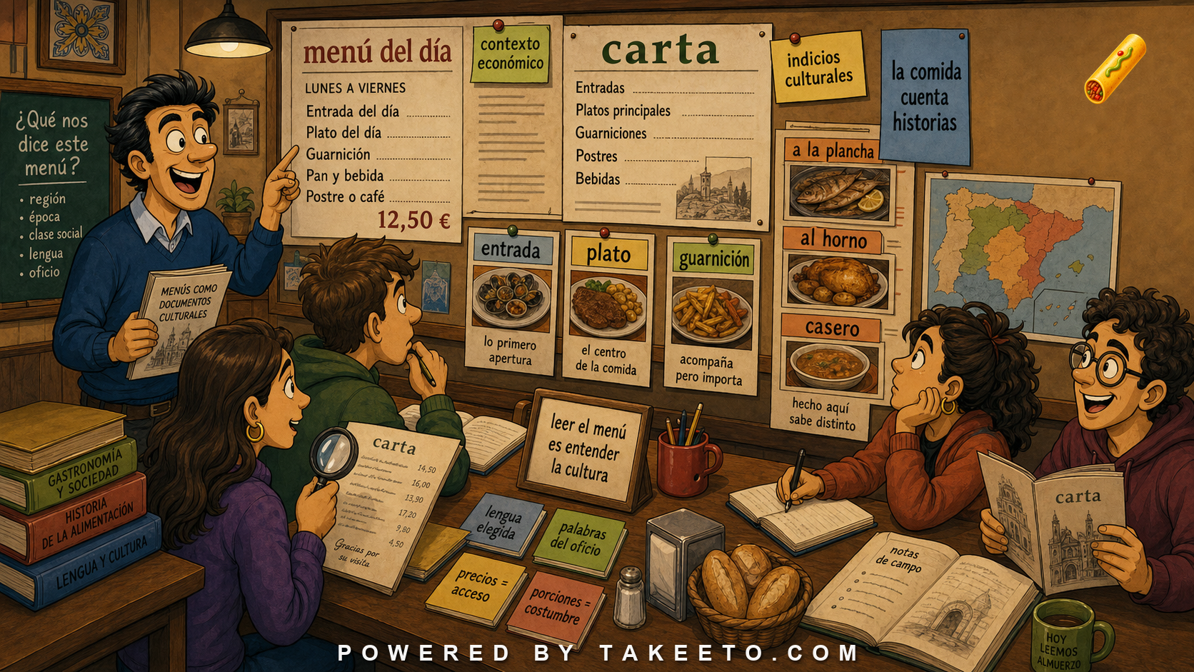 Comic Takeeto blog illustration for Spanish Menus as Cultural Documents, covering food/culture literacy.