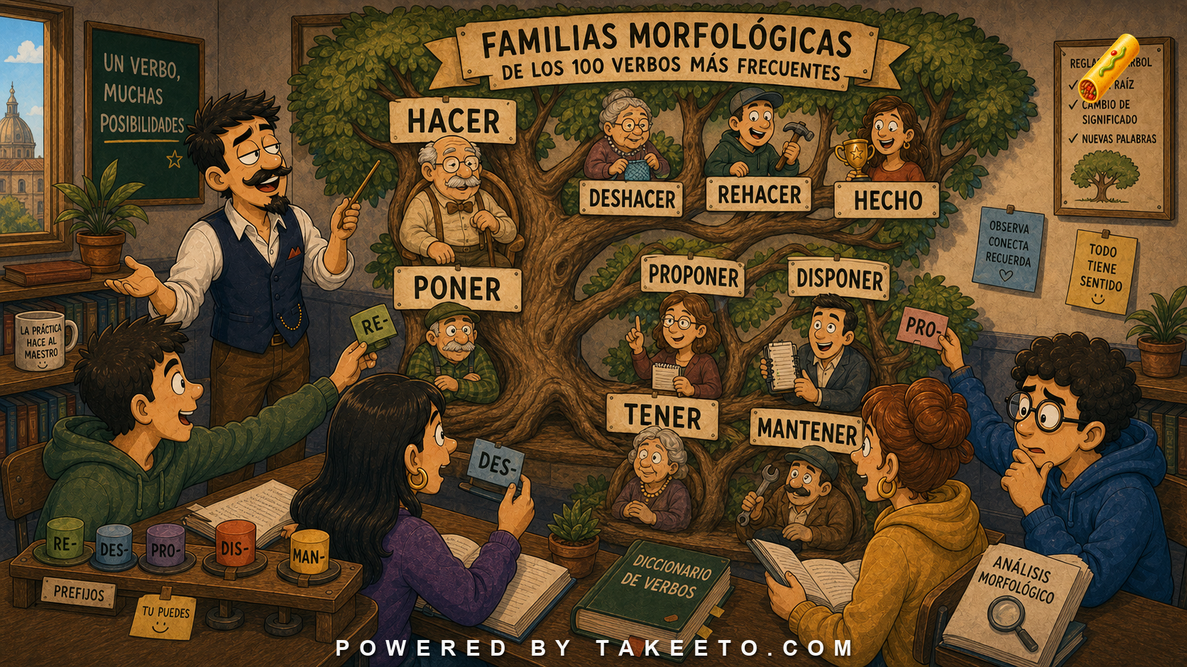 Comic Takeeto blog illustration for Spanish Morphological Families for the Top 100 Verbs, covering vocabulary architecture.