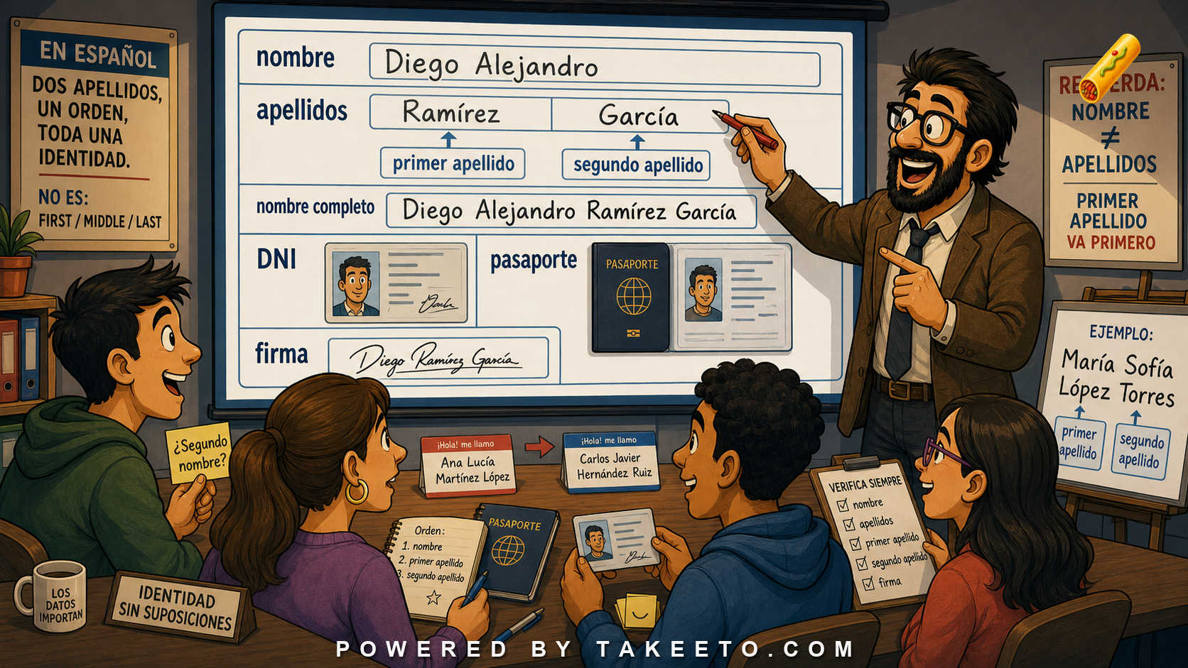 Comic Takeeto blog illustration for Names and Forms: Nombre, Apellidos, Segundo Nombre, and Identity Fields, covering domain language.