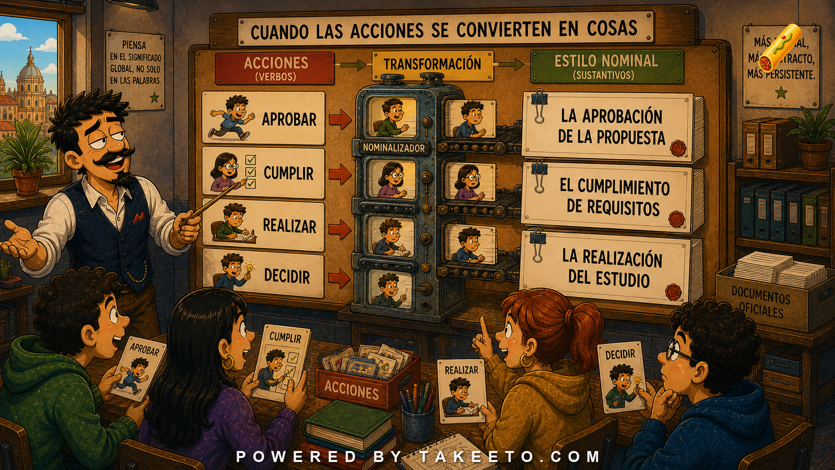 Comic Takeeto blog illustration for Spanish Nominal Style: When Actions Become Things, covering syntax & style.