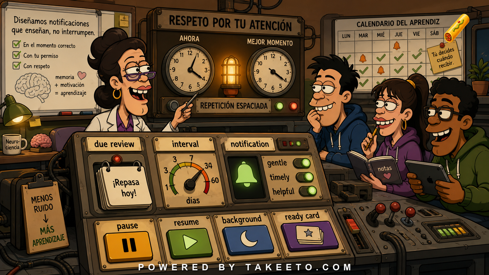 Comic Takeeto blog illustration for Spanish Notifications and Memory: Timing, Agency, and Respect, covering product ethics & learning science.